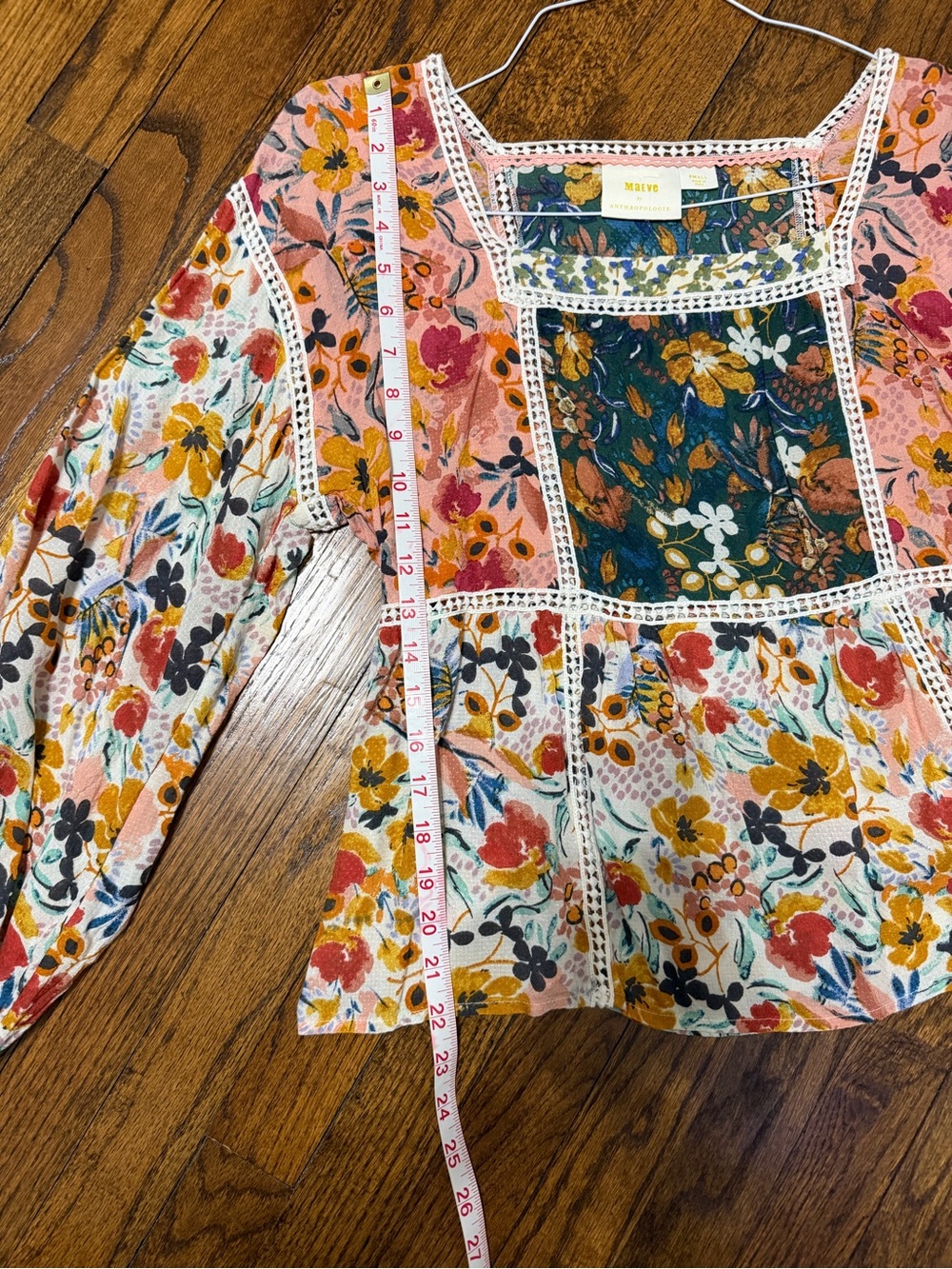 Anthropologie Maeve Floral Patchwork Peasant Blouse in Pink, Green, Yellow - Picture 11 of 13